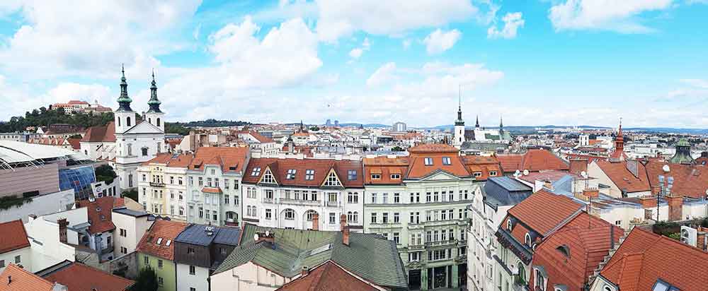 View from the top of the Old Town Hall looking down on the rooftops of old town Brno.