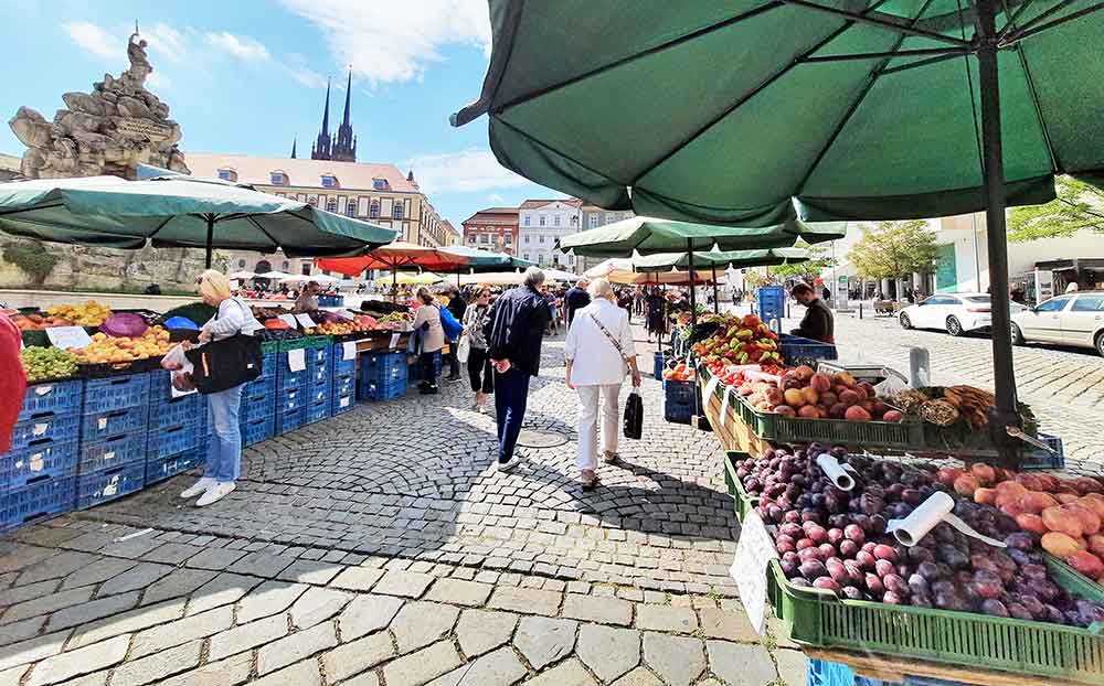 The Vegetable Market, Brno Old Town with stalls selling fruit. There are plums in the closes stall and a green umbrella.