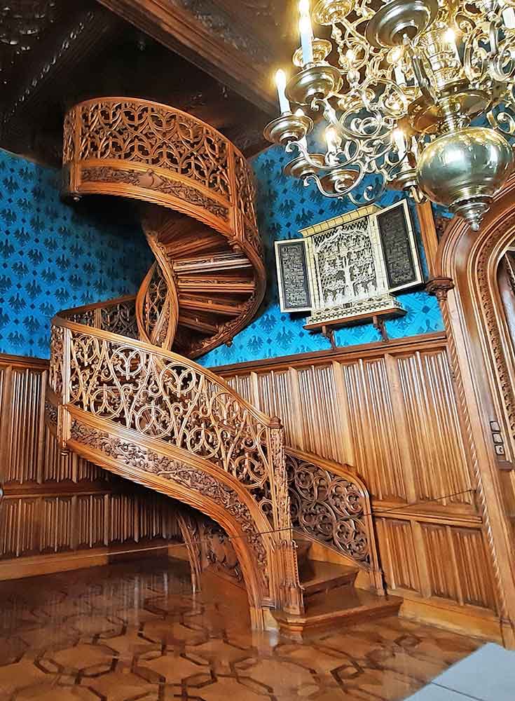  The intricately carved spiral staircase at Lednice Chateau.