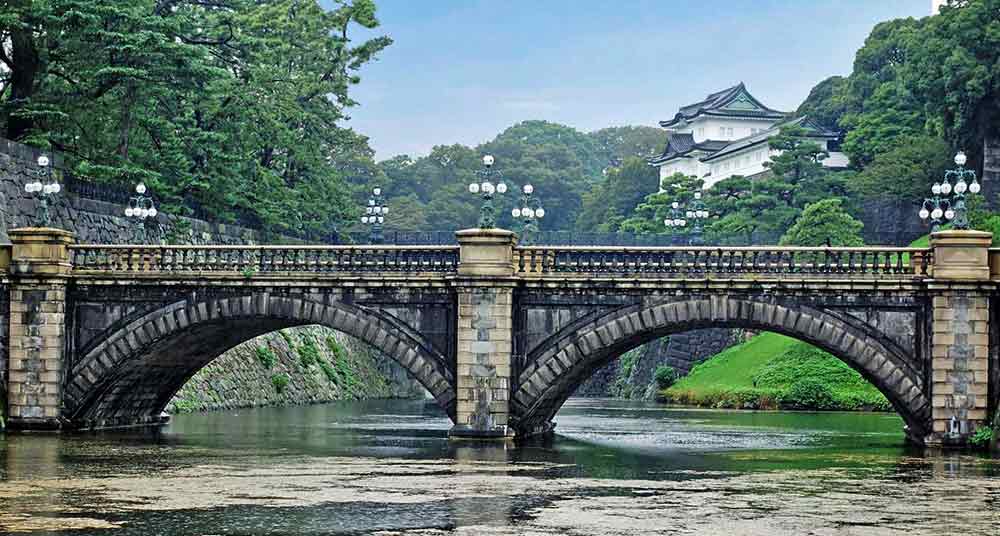 Two archways bridge surrounded by lake in Imperial Palace in Japan