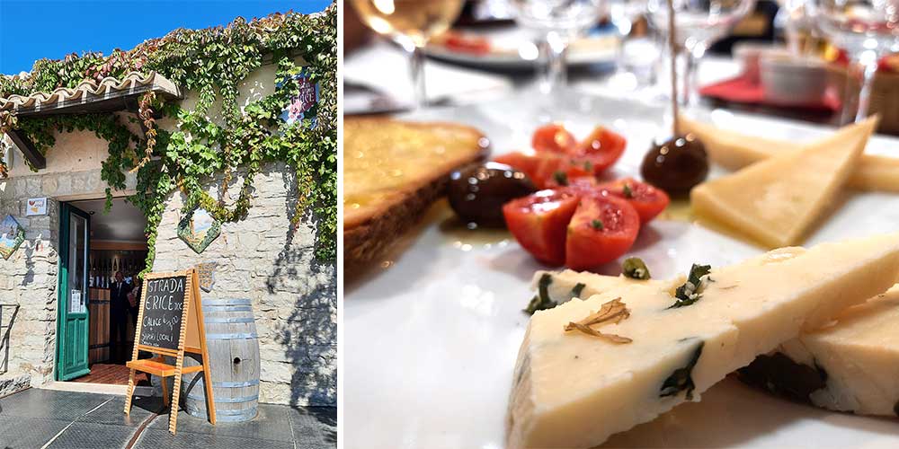 Two adjacent images, the one on the left shows the shop front to Strada del Vino Erice D.O.C and a building covered in vines. The image on the right shows chees, tomatoes, olives and bread locally produced. 