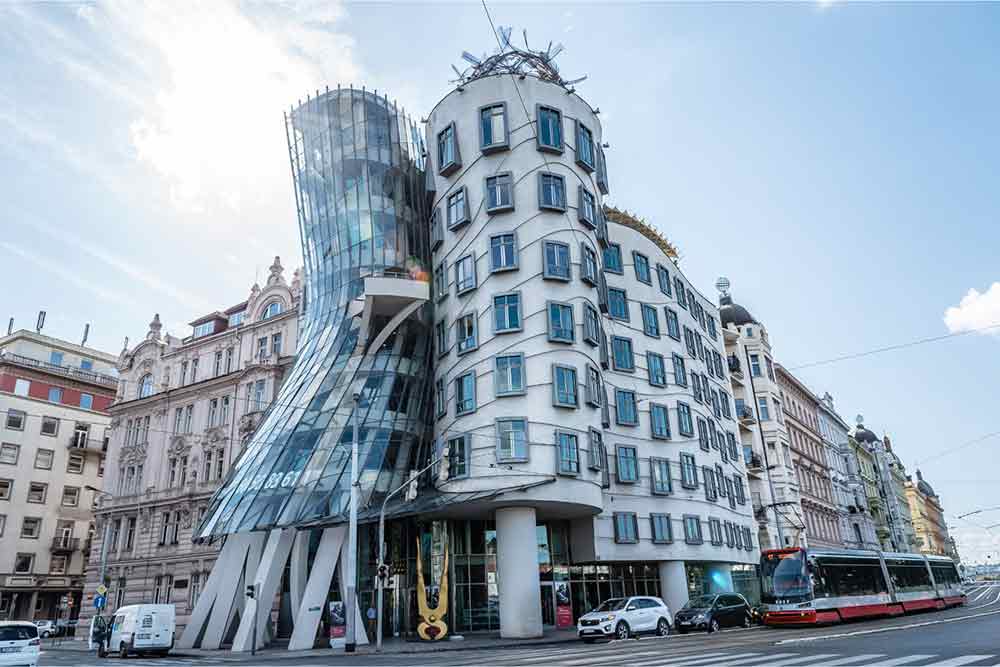 The crooked building of the Dacning House in Prague with its twisted facade. 