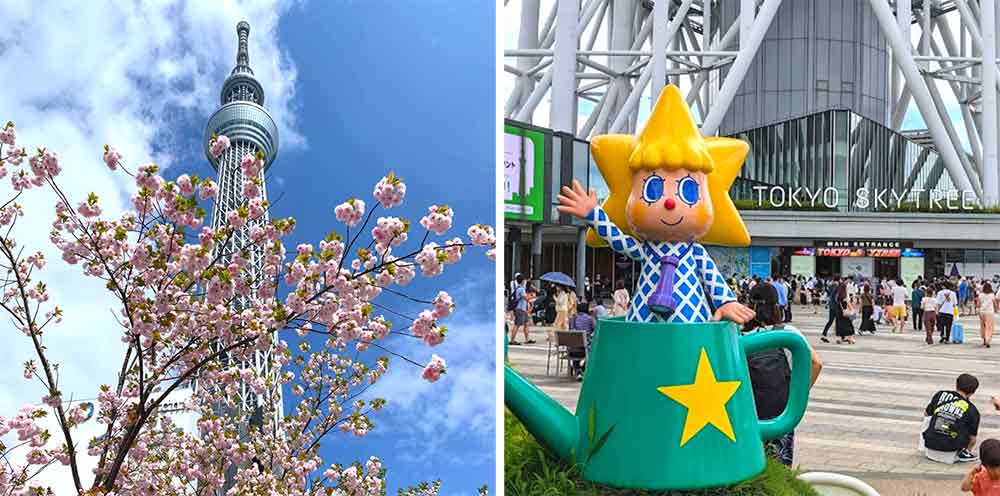 Tokyo Skytree in Japan, one of the tallest tower in Japan with cherry blossom (left) and yellow-hair child statue displayed at the entrance of the Tokyo Skytree with bustling crowd (right)