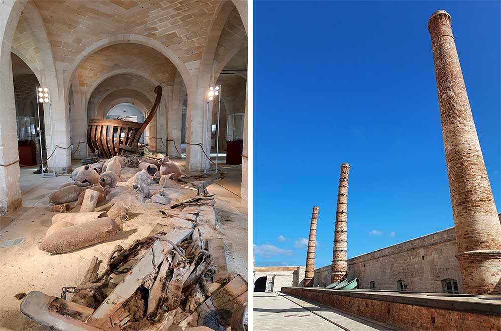 Two images of the old tuna factory in Favignana, the image on the left shows archelogical finds fro the sea with a boat hull n the background. The image on the right shows three giant stone chimneys. 