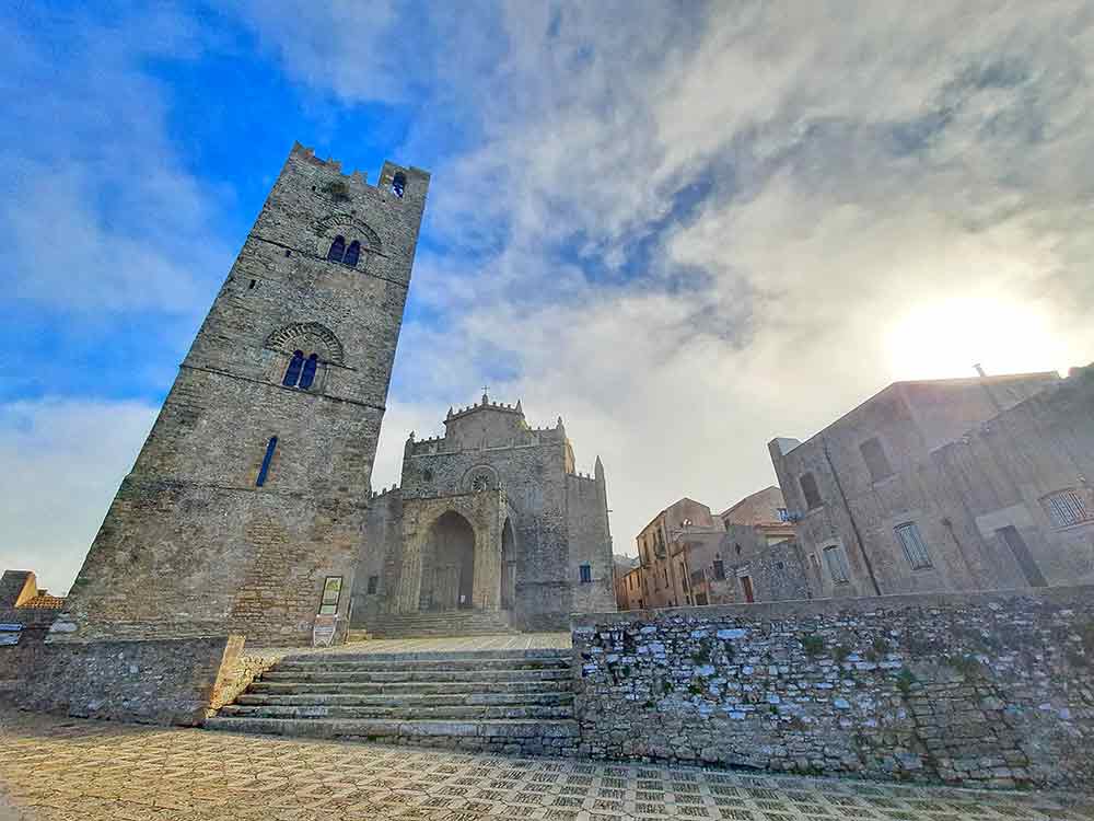 Erice Old Town with clouds covering a church