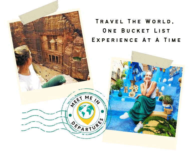 A collage image of me (Becki), the owner of the site Meet Me In Departures - a site didicated to DIY solo travel to find the worlds best experiences. In the collage there is a photo of me in Petra, ordan, and a photo of me in Chefchaouen, Morocco. There is also my site logo and the phrase "travel the wolrd one bucket list experience at a time" 