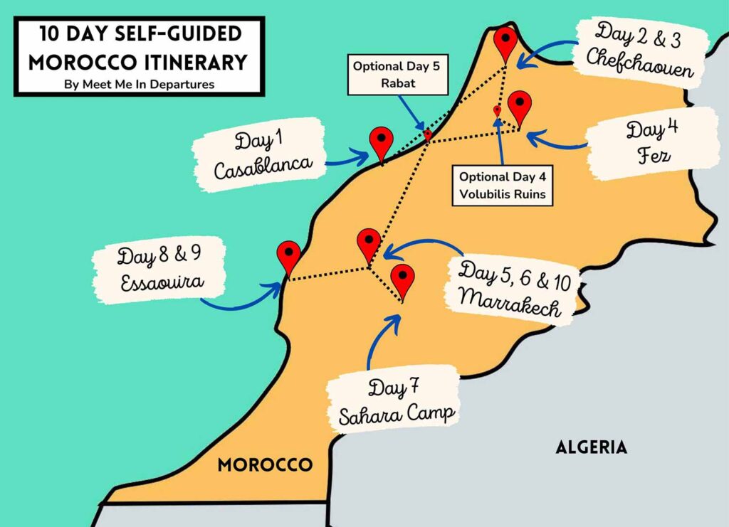 A map showing the route for this self-guided 10 days Morocco itinerary from Casablanca to Marrakech