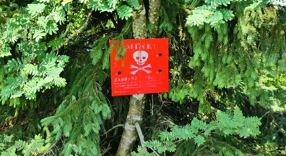 A red warning signs for land mines posted in a tree on the Bosnia and Herzegovina side of Pljesevica mountain