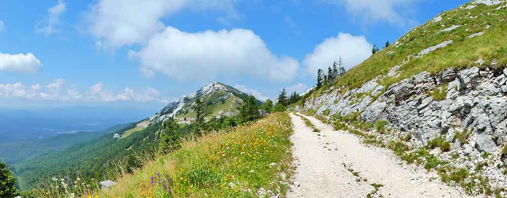 The Croatian side of the valley features lush green plants and colorful flowers, with a picturesque view of the mountains.