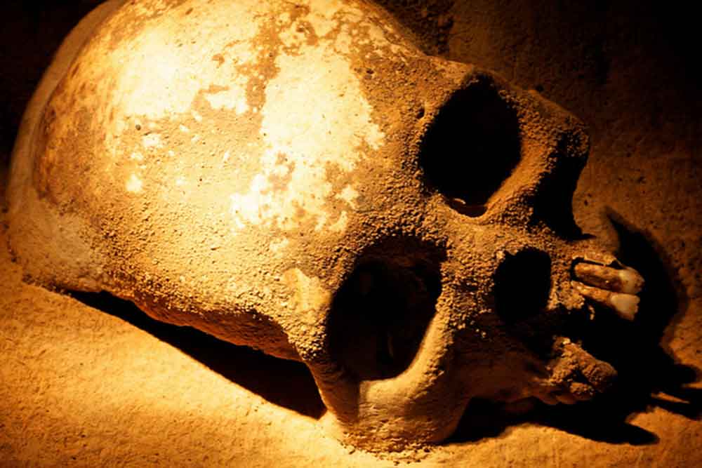 A skull with broken teeth in the ATM Caves 