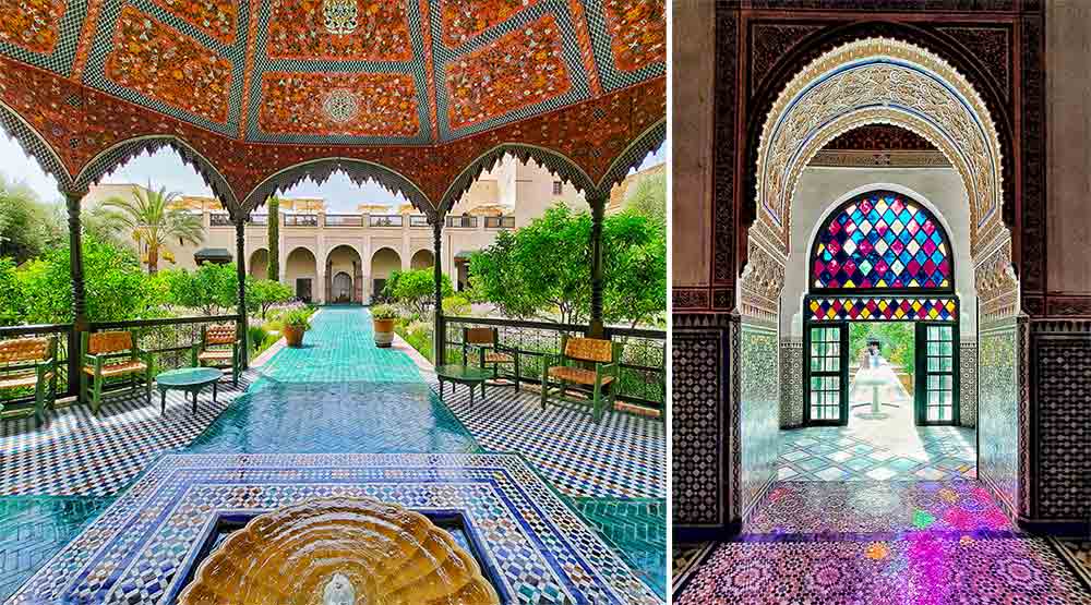 Le jardin secret in Marrakech is filled with pergodas and coloured stained glass outhouses. self-guided 10 days Morocco itinerary from Casablanca to Marrakech
