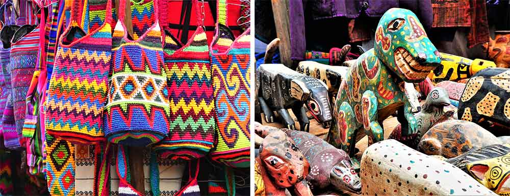 Vibrant colorful bags and artworks displayed in Chichicastenango Market