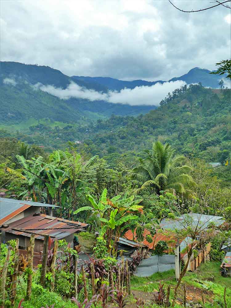 Valleys around Lanquin showcase lush green trees, majestic mountains, and a clear white sky
