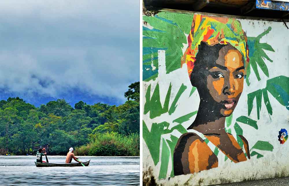 Two people are onboard a boat in the middle of Rio Dulce (left) while a beautiful woman artwork painted in street art in Livingstone (right)