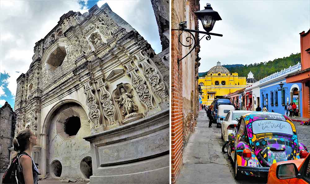 A woman stands, admiring the Convento de Santa Clara, a beautiful gray structure adorned with intricate carvings (left) and vibrant colors of the street while cars are parked on the Antigua