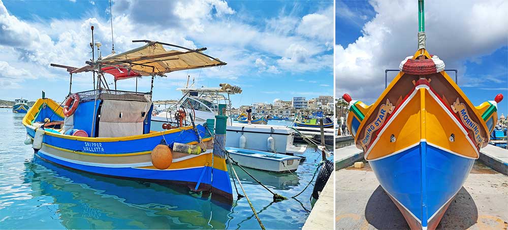 Colorful boats at Marsaxlokk, with blue and yellow colors, parked at the shore