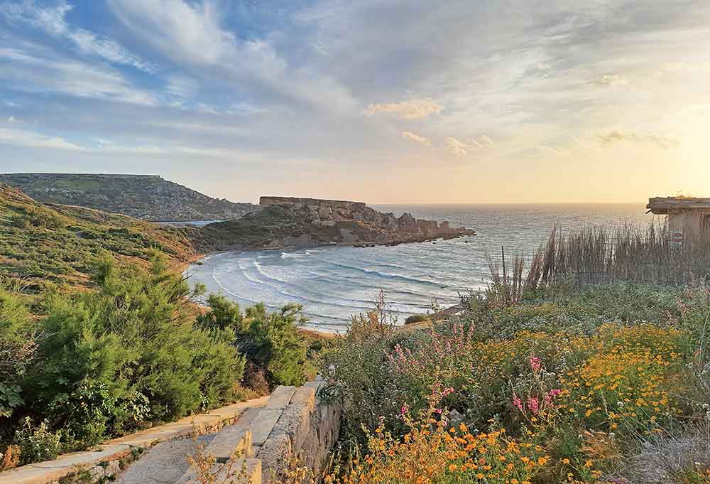 Riviera Beach showcases the calmness of the sea surrounded by flowers, trees and rocks during sunset