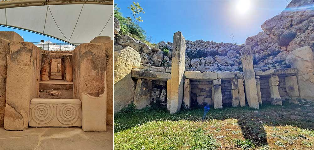 On the left, the Tarxien Temples showcase a large sandstone structure with intricate carvings in the middle. On the right, the Ggantija Temples feature a long stone standing on the land