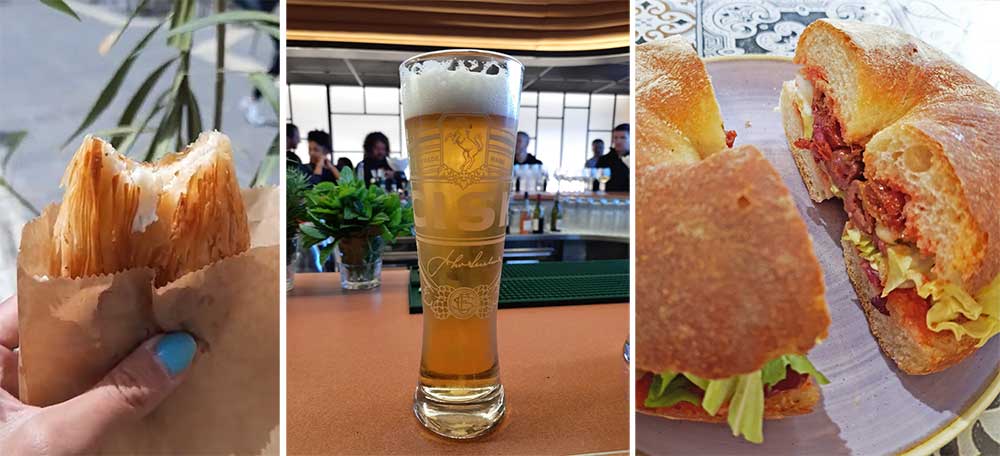 Pastizzi (left) - a traditional flakey pastry with cheese, Cisk (Middle) - beer in a glass, Ftira (right) - a disc-shaped maltese bread with vegetables fillings