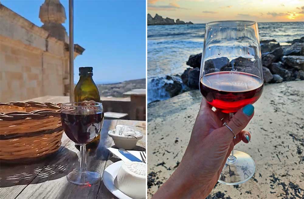 Wine in glass served on the table (left) while on the {right) holding a wine glass with a view of sea