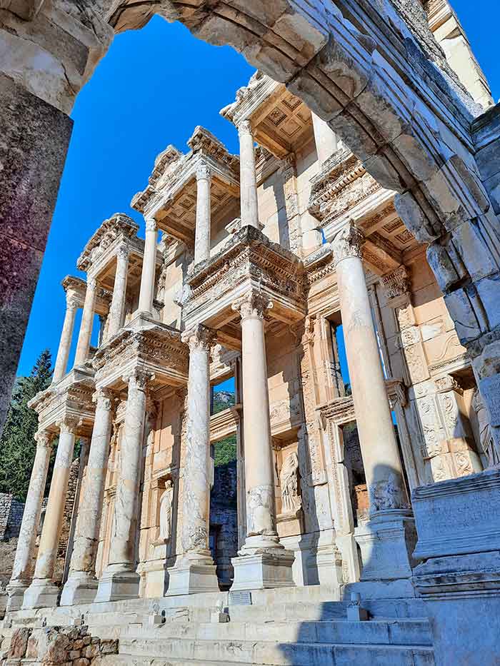 Old Ancient Library with columns at Ephesus on a sunny day