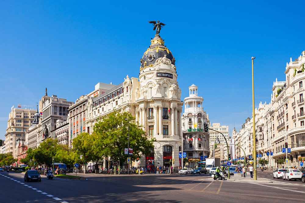 The Metropolis Building on Gran Vía, a landmark frequently included among the top experiences to enjoy in Madrid.