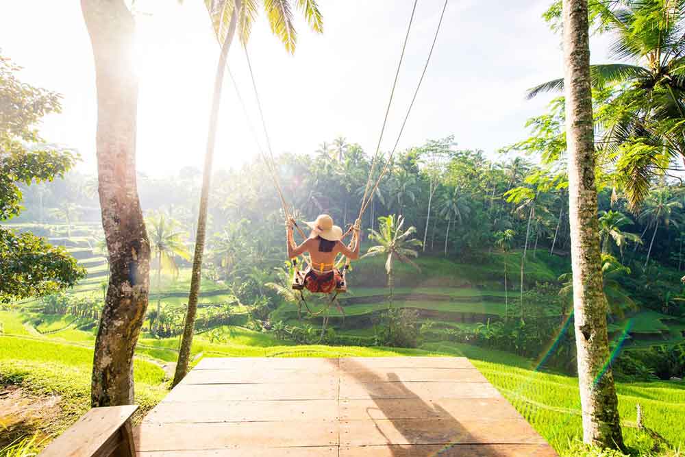 A woman swinging on a swing looking at the view of rice fields in a sunny day in Bali