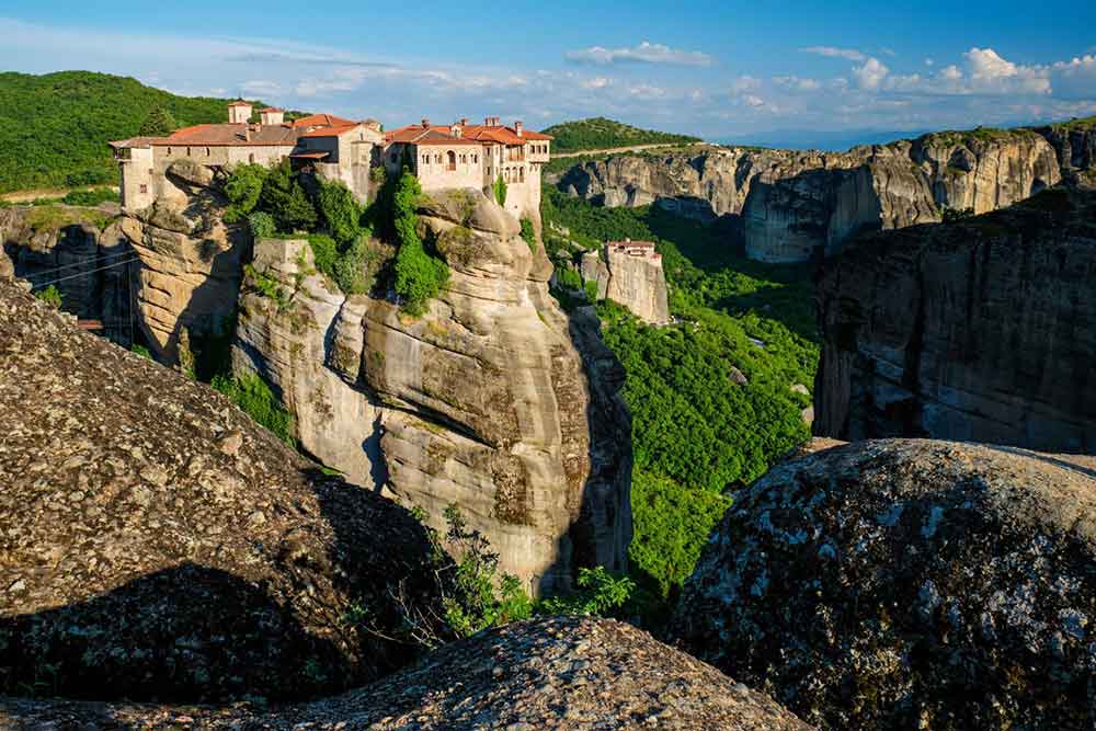 Meteora's Monasteries on the top of rock formations in a sunny day