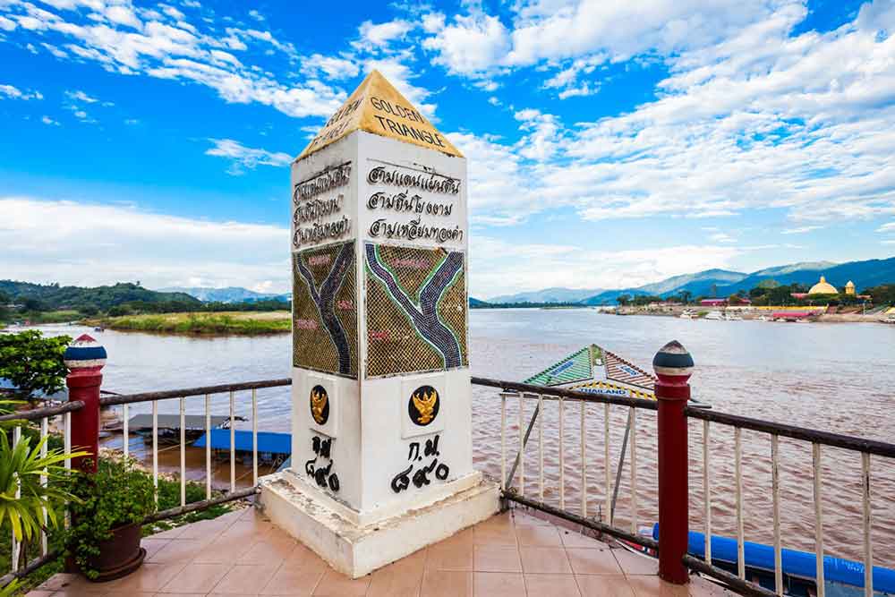 The Golden Triangle Post at the Mekong River with a triangle sign placed in front of the post