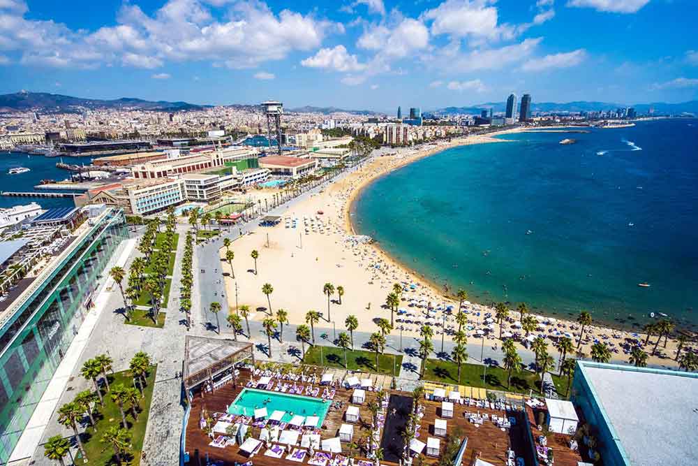 Barcelona Bucket List: 32 Best Things to Do in Barcelona, Spain 29 Stunning view from the top, Barceloneta beach showcases the beach, palm trees, cities, and houses under a clear blue sky