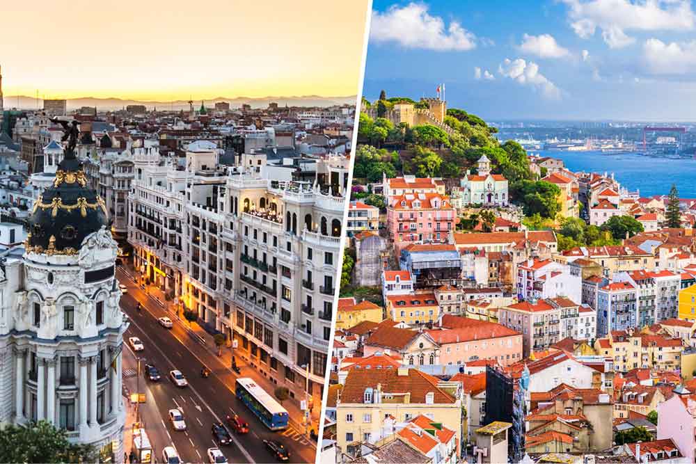 Madrid vs Lisbon Comparison Guide: Should I Visit Lisbon or Madrid? 1 Gran via city scape at sunset vs Lisbon houses and buildings skyline with a river on the side