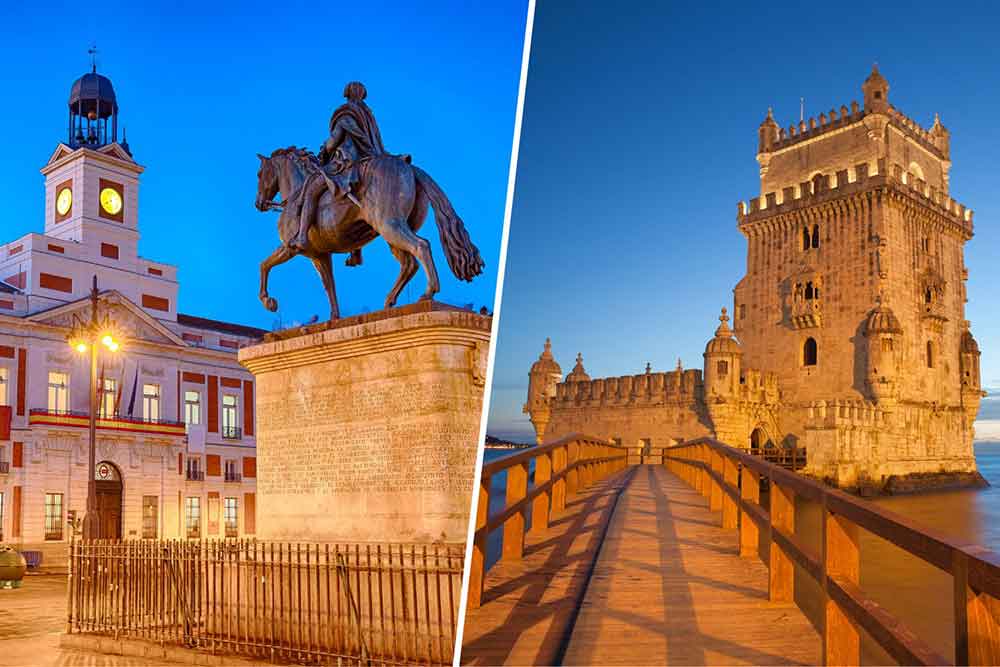 Madrid vs Lisbon Comparison Guide: Should I Visit Lisbon or Madrid? 5 Statue of a rider mounted on horse and the famous clock in Puerta del Sol vs Belem tower on the bank of Tagus river at blue sky
