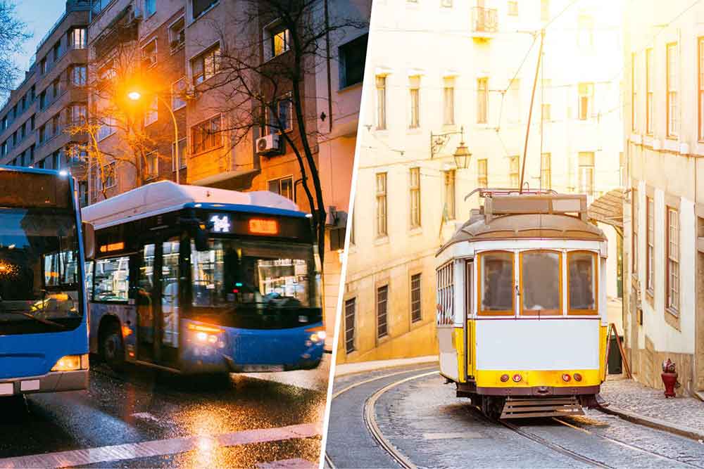 Madrid vs Lisbon Comparison Guide: Should I Visit Lisbon or Madrid? 9 Buses driving down the street in Madrid vs Yellow retro Tram on narrow streets in lisbon