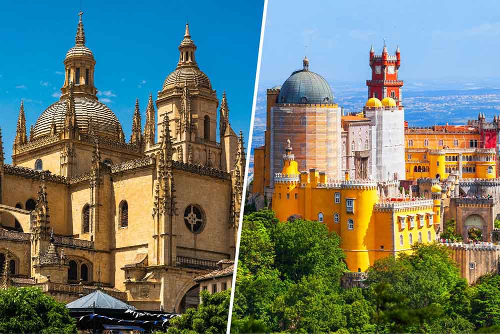 Madrid vs Lisbon Comparison Guide: Should I Visit Lisbon or Madrid? 11 The Marvel Gothic style and the pointed arches in Segovia Cathedral vs the vibrant yellow painted Pena Palace surrounded by a treets in a clear blue sky