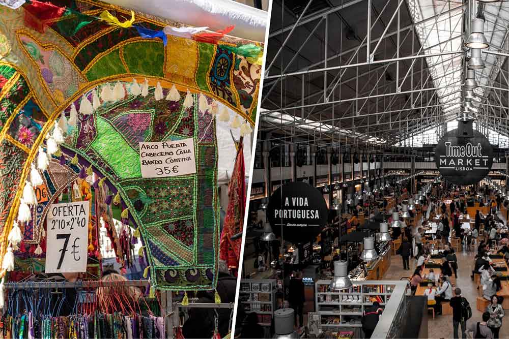 Madrid vs Lisbon Comparison Guide: Should I Visit Lisbon or Madrid? 12 Display of clothing & accessories with price in El Rastro market vs Food hall and shops inside the Time Out Market