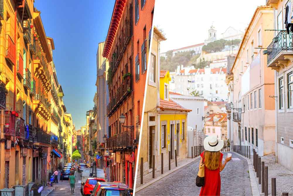 Madrid vs Lisbon Comparison Guide: Should I Visit Lisbon or Madrid? 8 Narrow streets with cars and apartments during daytime in Madrid vs a girl walking down the street in Lisbon