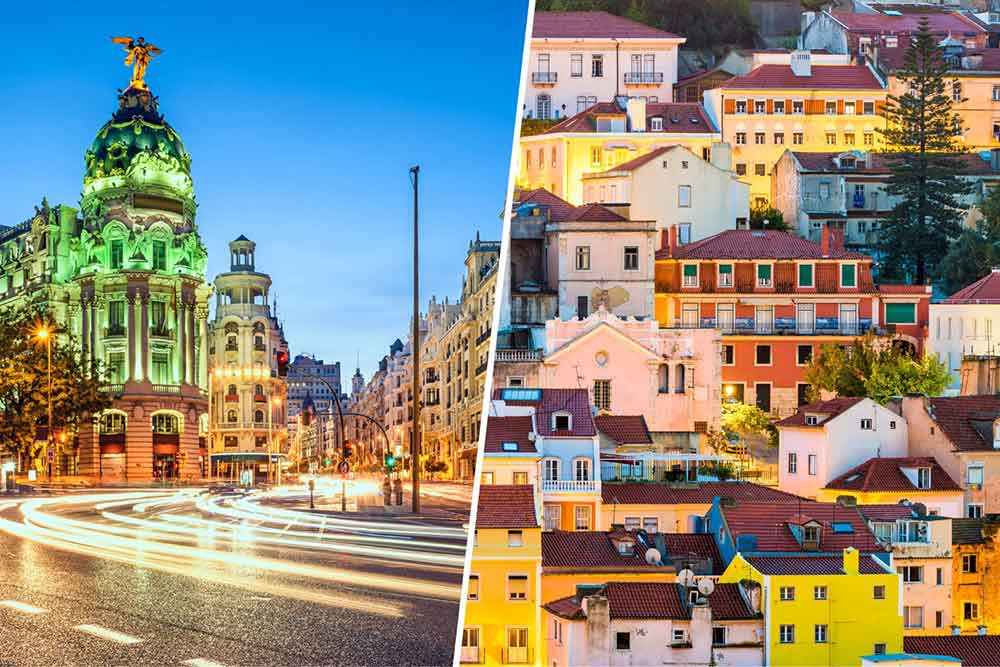 Madrid vs Lisbon Comparison Guide: Should I Visit Lisbon or Madrid? 10 Busy streets with the Metropolis building in Gran Via vs The colorful houses in Lisbon painted in yellow, peach, red and blue
