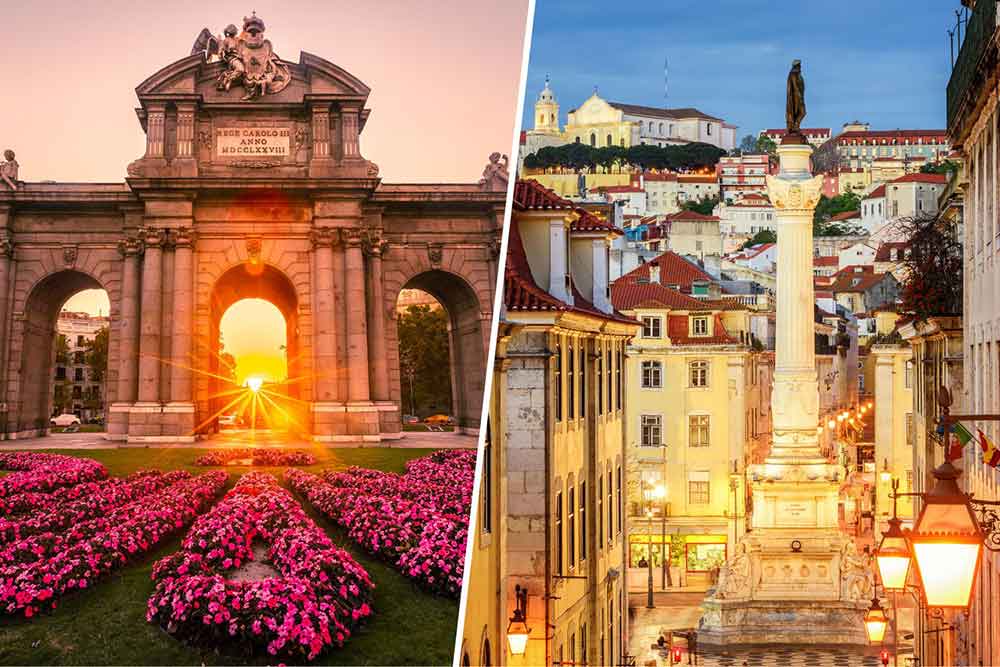 Madrid vs Lisbon Comparison Guide: Should I Visit Lisbon or Madrid? 3 Puerta de Alcalá madrid by sunrise with pink and violet flowers vs buildings and houses in lisbon in afternoon time
