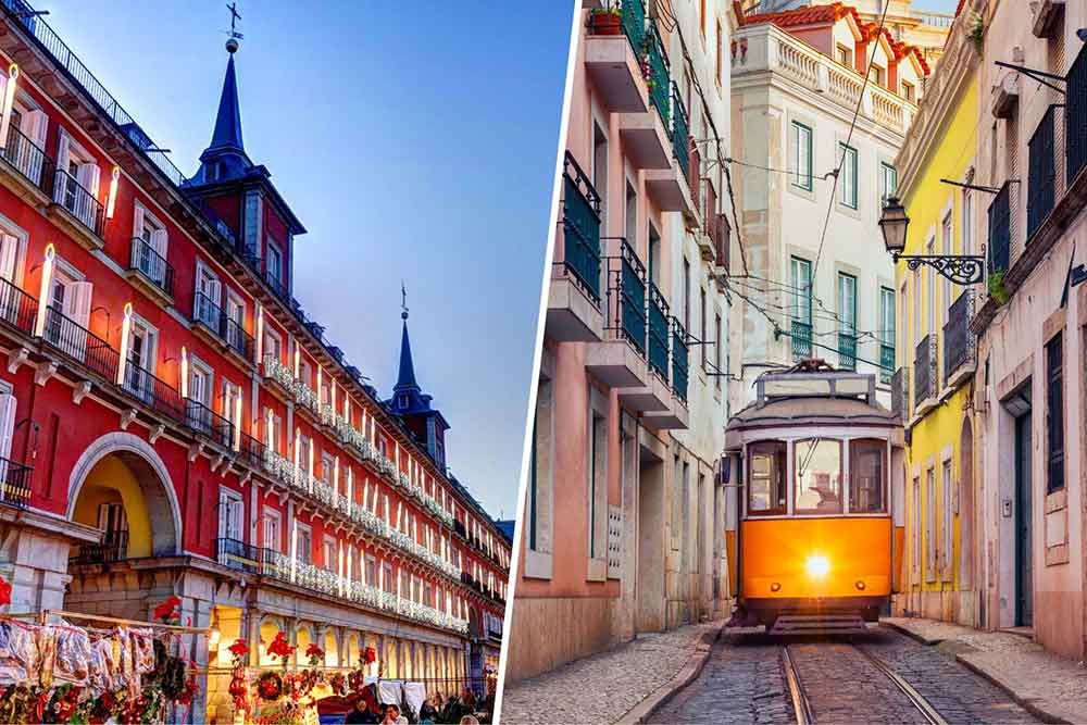 Madrid vs Lisbon Comparison Guide: Should I Visit Lisbon or Madrid? 4 Red brick building in Madrid with blue sky vs yellow tram in a narrow street in Lisbon