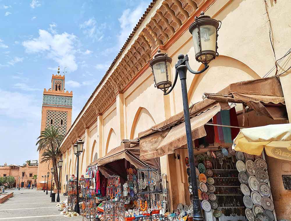 Colorful stalls line the streets in Marrakech, showcasing handcrafted jewelry and accessories