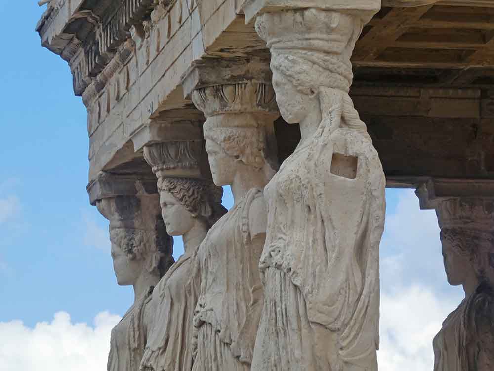 Close up view of the sculptured statues at The Caryatids on The Erechtheion