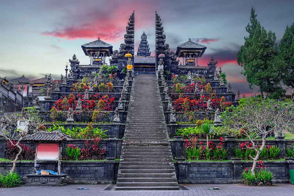 Besakih Temple with pink clouds in the background