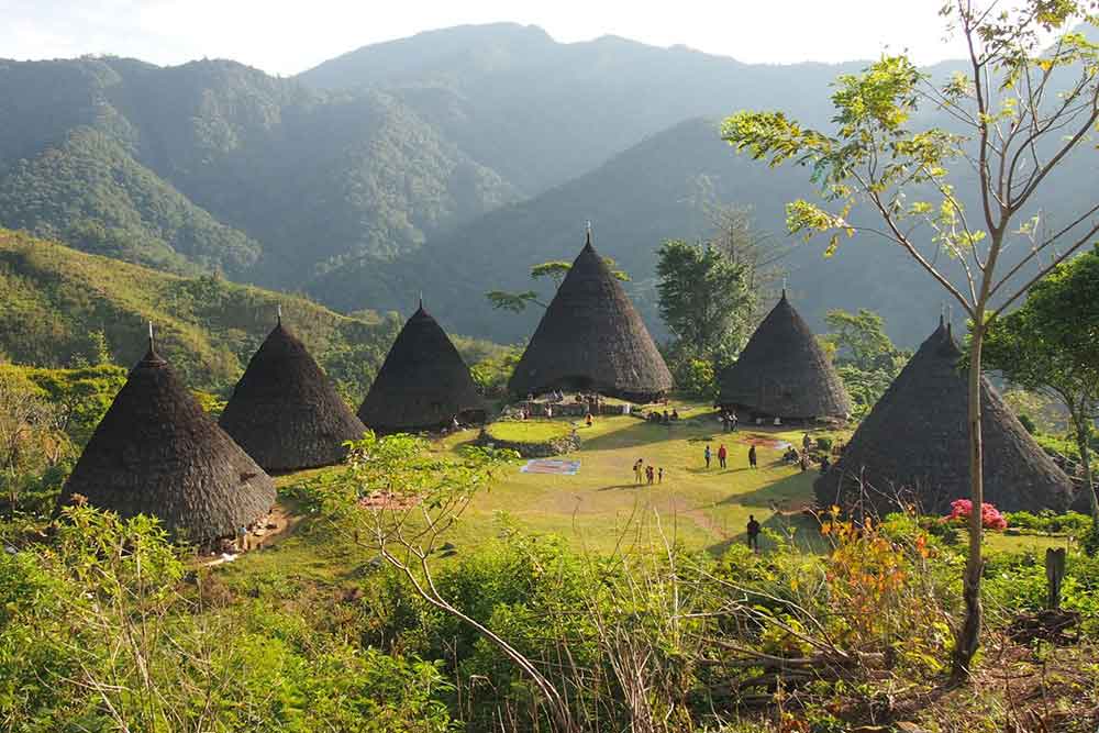 Wae Rebo Village featuring a cone-shaped thatched roof made from palm trees and bamboo offering a stunning panoramic views of the mountains