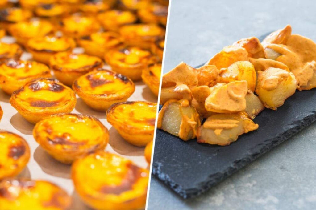 Left - Pastel de Nata in Lisbon, a yellow custard tart vs Right - Patatas Bravas in Barcelona on a black wooden board