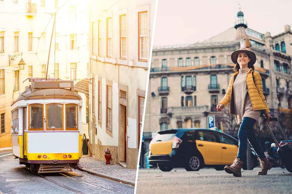 Left - A yellow E28 tram in the middle of the streets of Lisbon vs A woman walking in the streets of Barcelona
