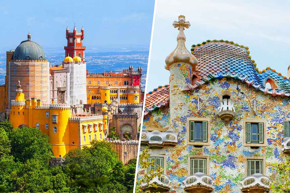Left - Pena Palace, a majestic yellow castle surrounded by trees and a city view in the background vs Casa Batllo featuring a vibrant colorful wall and roof with unique elements