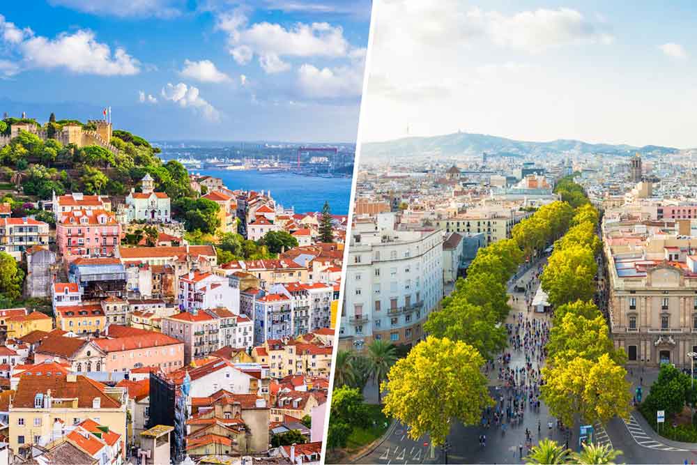 Left - Aerial view of Alfama District in Lisbon with colorful houses, lush green trees, and a blue sea vs Right - Aerial view of Las Ramblas with trees lined up in rows and buildings on each side, with a group of people in the middle. Lisbon Vs Barcelona: Should You Visit Barcelona or Lisbon?