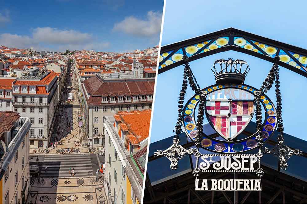 Left - Aerial view of Baxia Street in Lisbon with tall buildings vs Right - Arch of La Boqueria Market in Barcelona with colorful elements attached on the arch