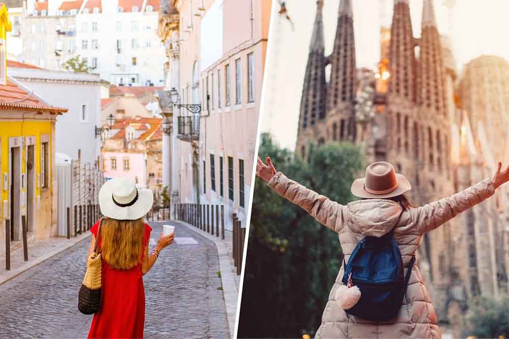 Left - A woman wearing a white hat stands in the middle of the streets (Lisbon) vs Right - A woman with open arms with La Sagrada Familia in the background