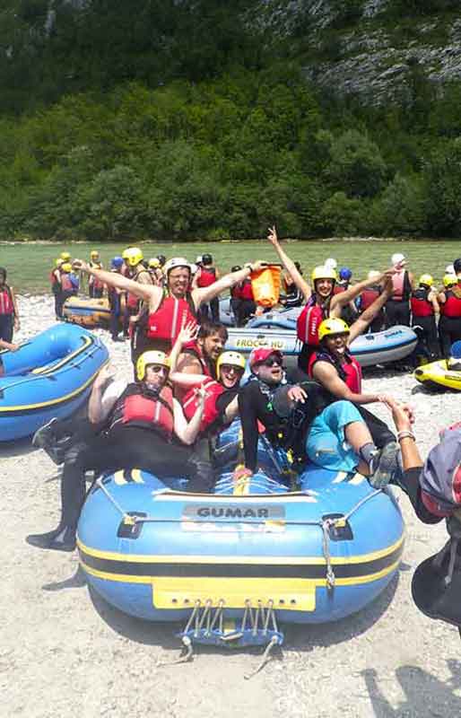 Group shot before doing the white water rafting activity in Slovenia